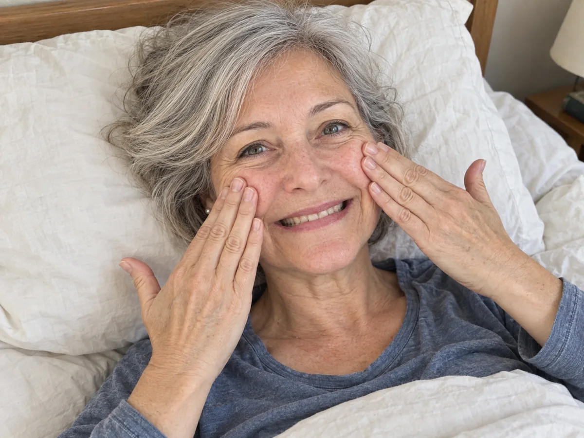 Illustration of the first movement: smiling wide and stroking the bunched cheek muscle