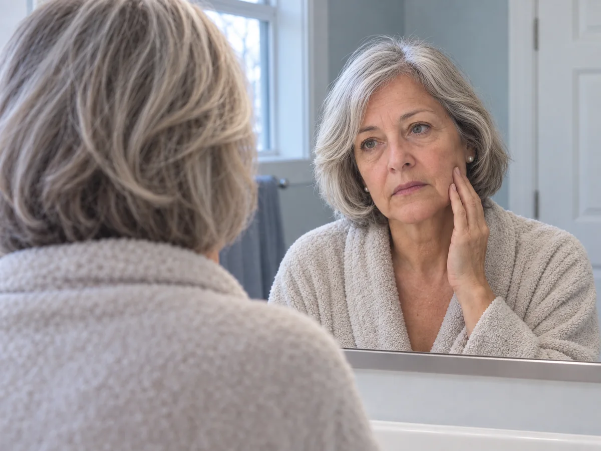 Margaret at the mirror, studying a face she barely recognizes